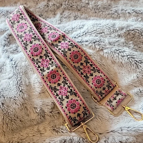 Embroidered Purse Crossbody Adjustable Strap 2 Inches Wide Purple Pink Black - Picture 6 of 6